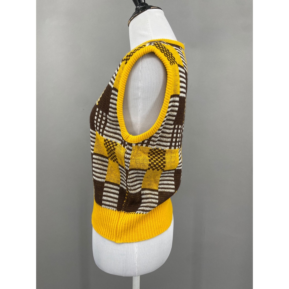Ship 'n Shore Sweater Vest Women S Vintage 70s Yellow Brown Plaid Knit Geometric - Picture 2 of 13